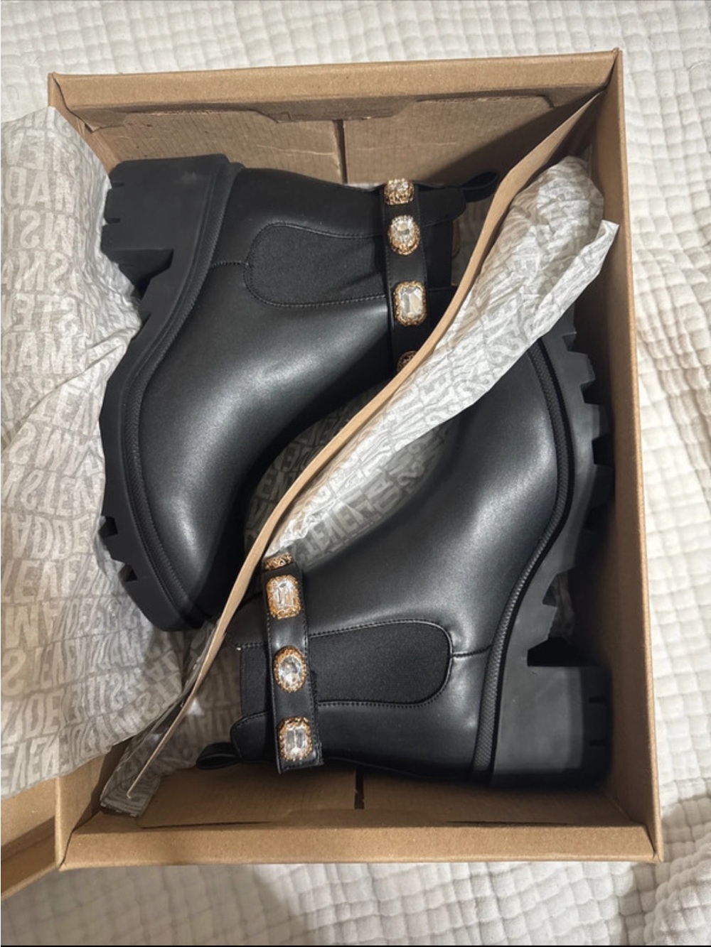 Steve Madden Amulet Black Chelsea Lug Boots with Jewel Strap - 8.5